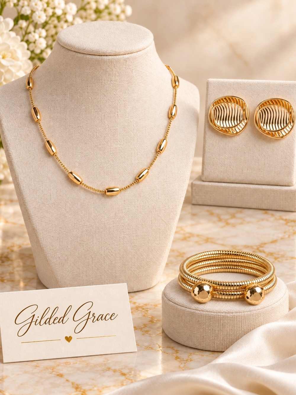Gold Bead Station Necklace -
